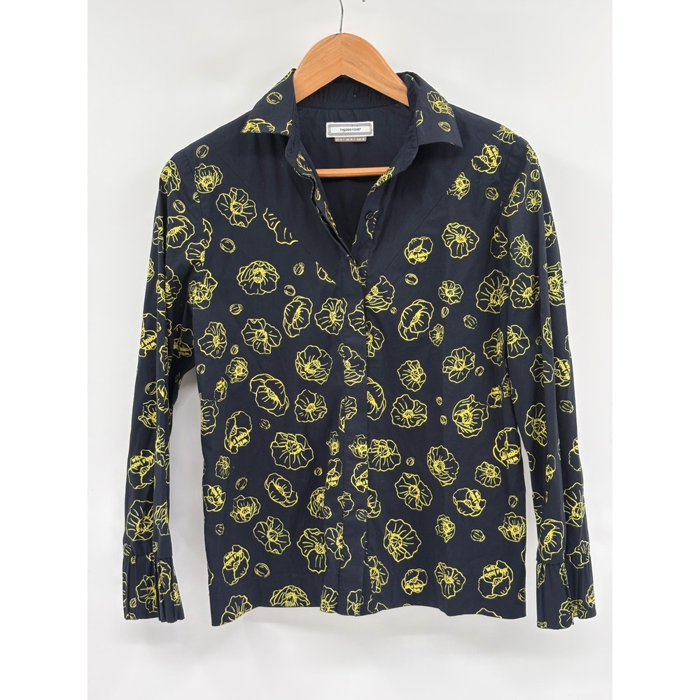 The Oddyssee Button Down Polo Shirt‎ Women 8 Blue Yellow Floral Ling Sleeve